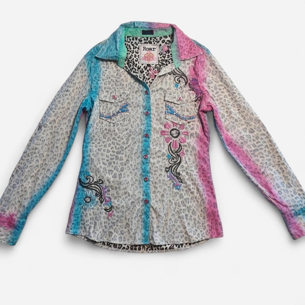 Roar Electric Leopard Tie Dye Western Shirt Rhinestone Embroidered Small